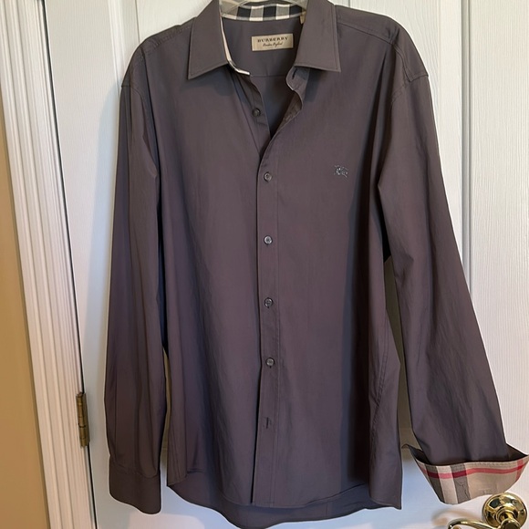 Burberry cotton dress shirt featuring check collar and cuffs.